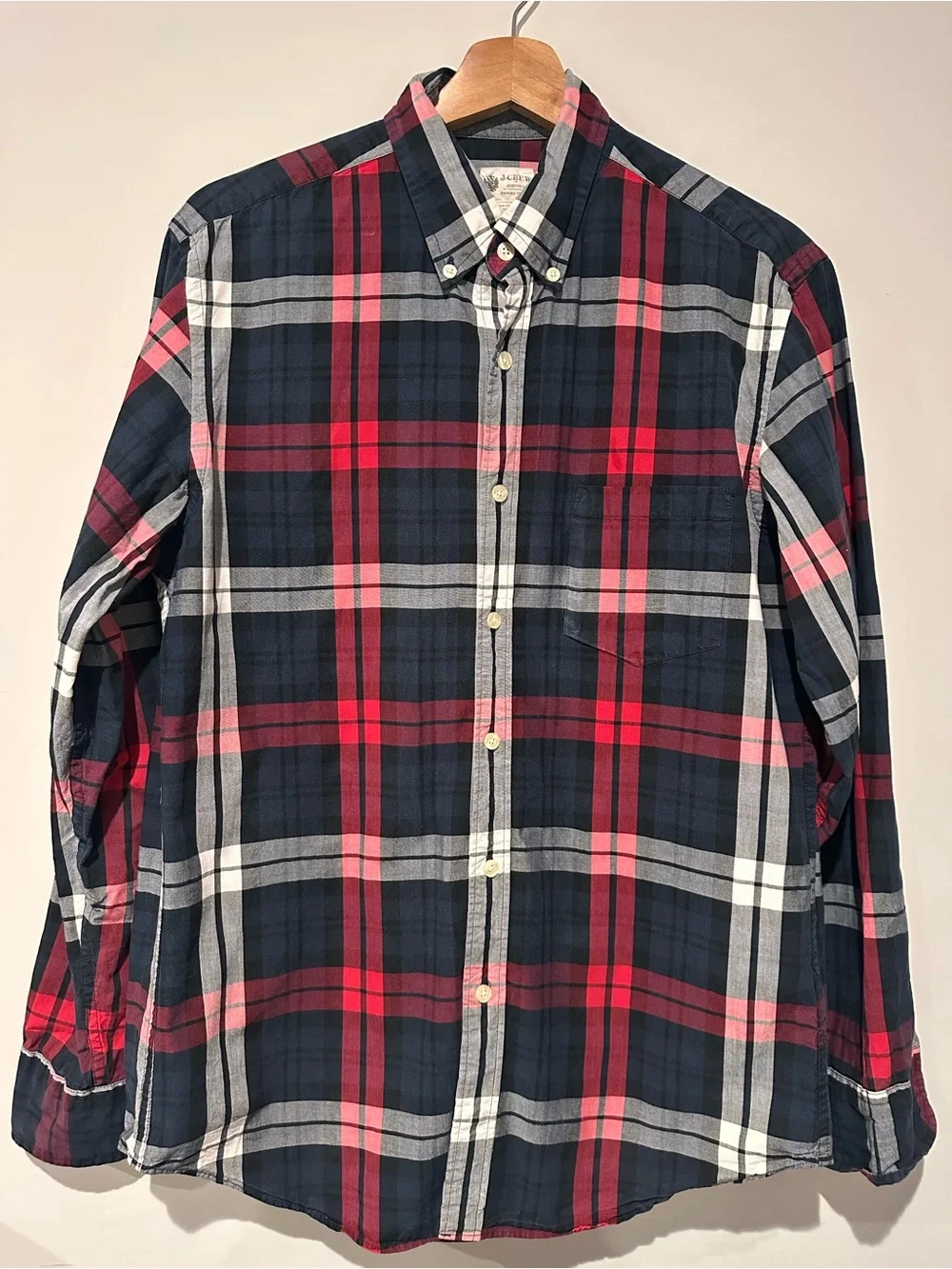 J. Crew Men's Navy and Red Plaid Button-Down Shirt